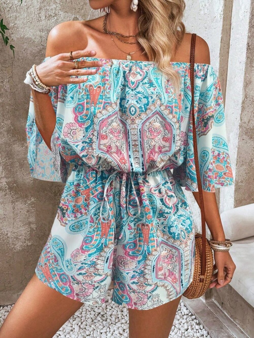 Women's Floral Print Off Shoulder Flared Sleeve Jumpsuit
